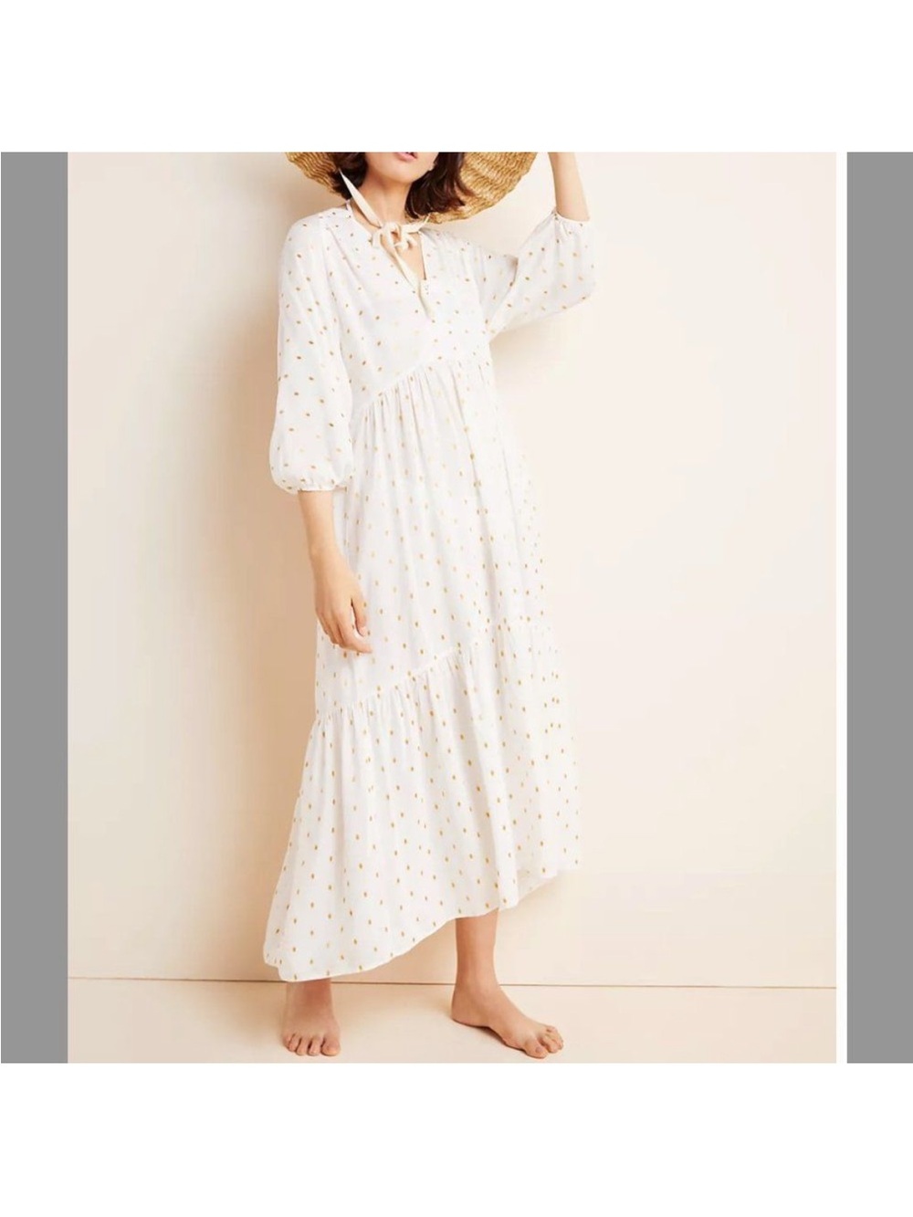 Anthropologie White Maxi Peasant Dress with Tiny Gold Dot Print